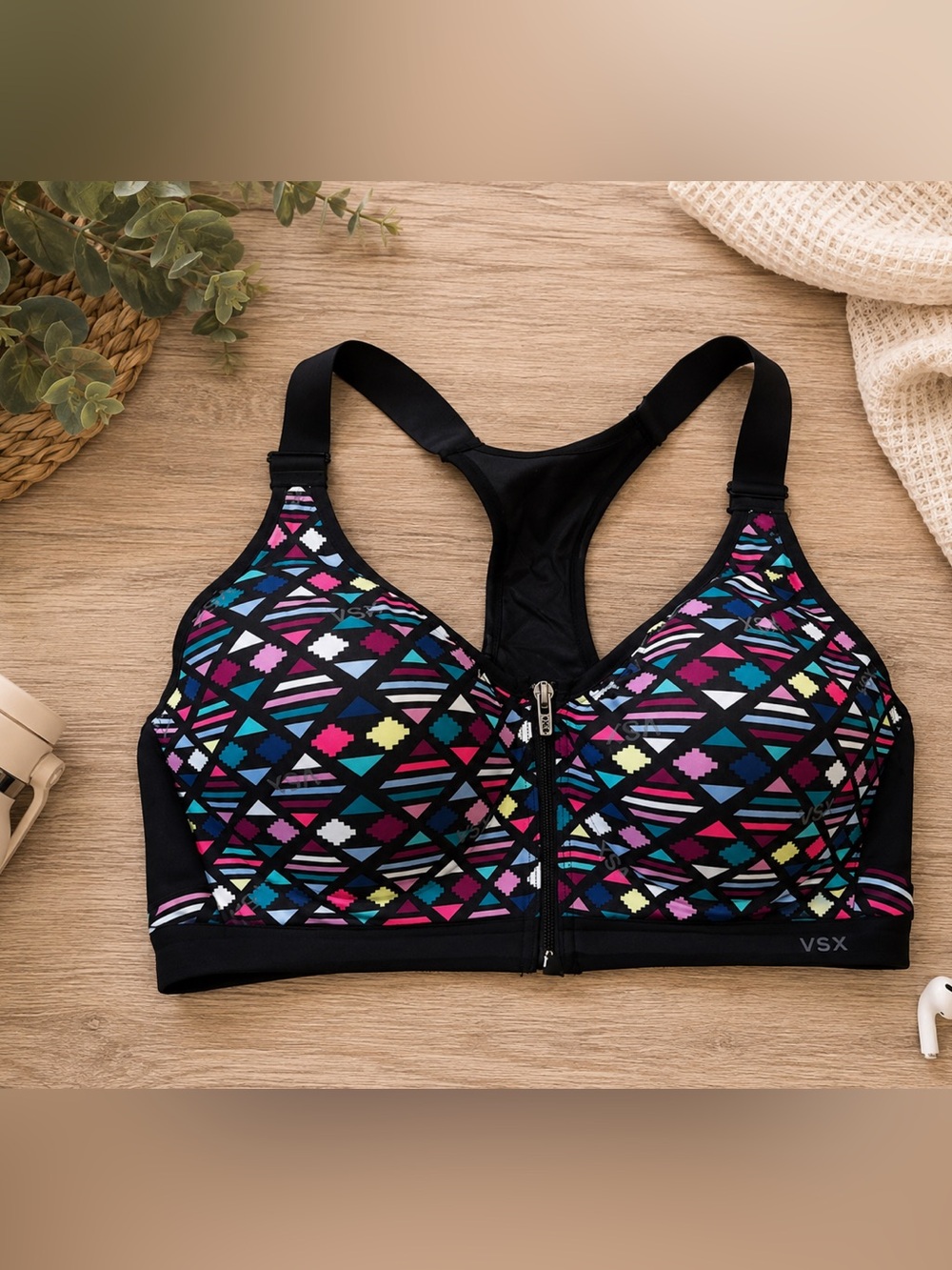 VSX Black Front-Zip Sports Bra with Multicolor Geometric Print